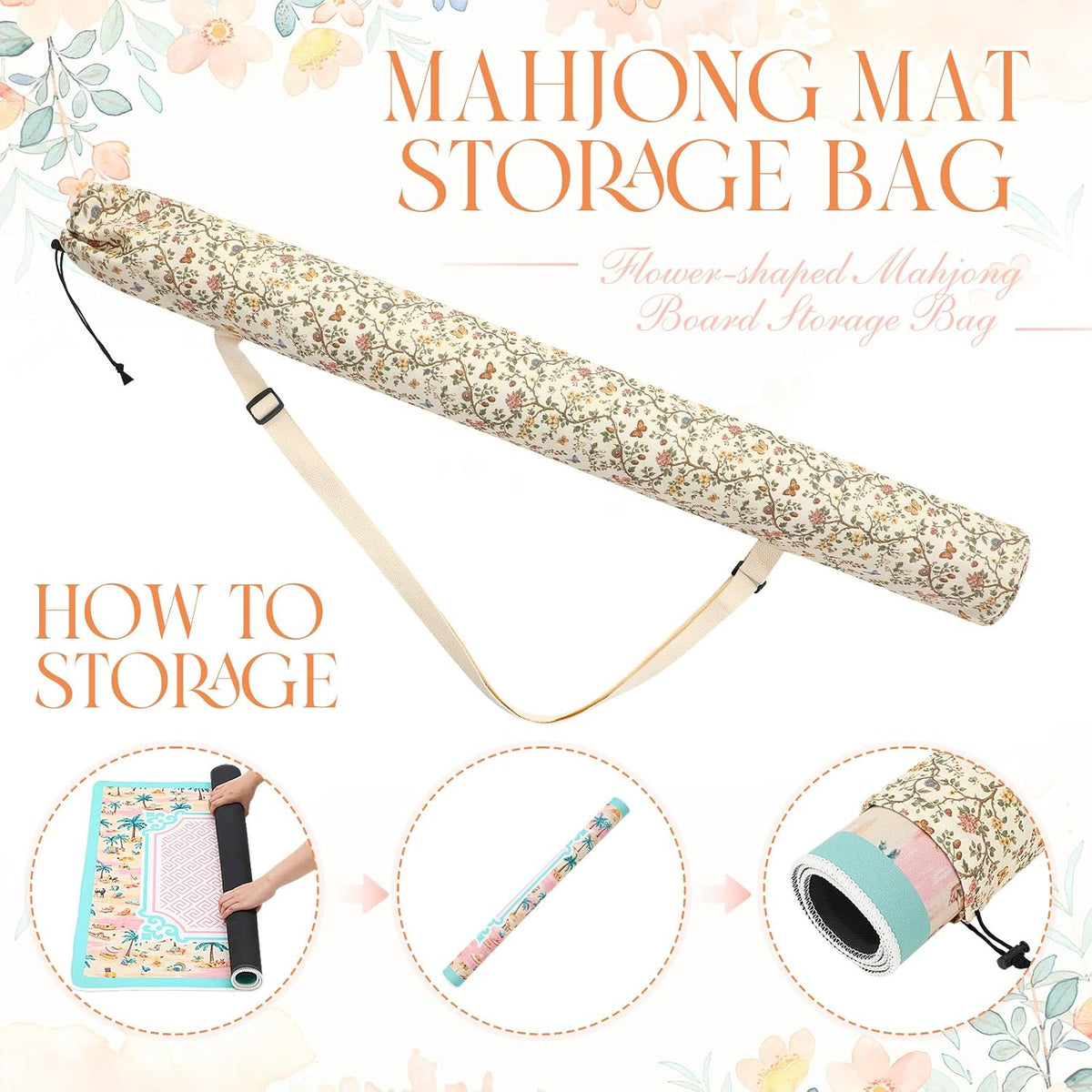 35 Inch Mahjong Mat Carrying Bag with Strap, Printed Drawstring Mahjong Holder Bag Outdoor Travel Canvas Storage for Board Games, Yoga Mats, Tripod