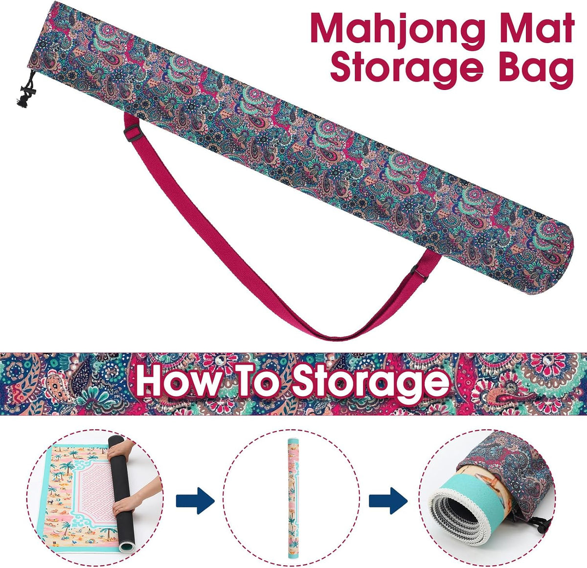 35 Inch Mahjong Mat Carrying Bag with Strap, Printed Drawstring Mahjong Holder Bag Outdoor Travel Canvas Storage for Board Games, Yoga Mats, Tripod