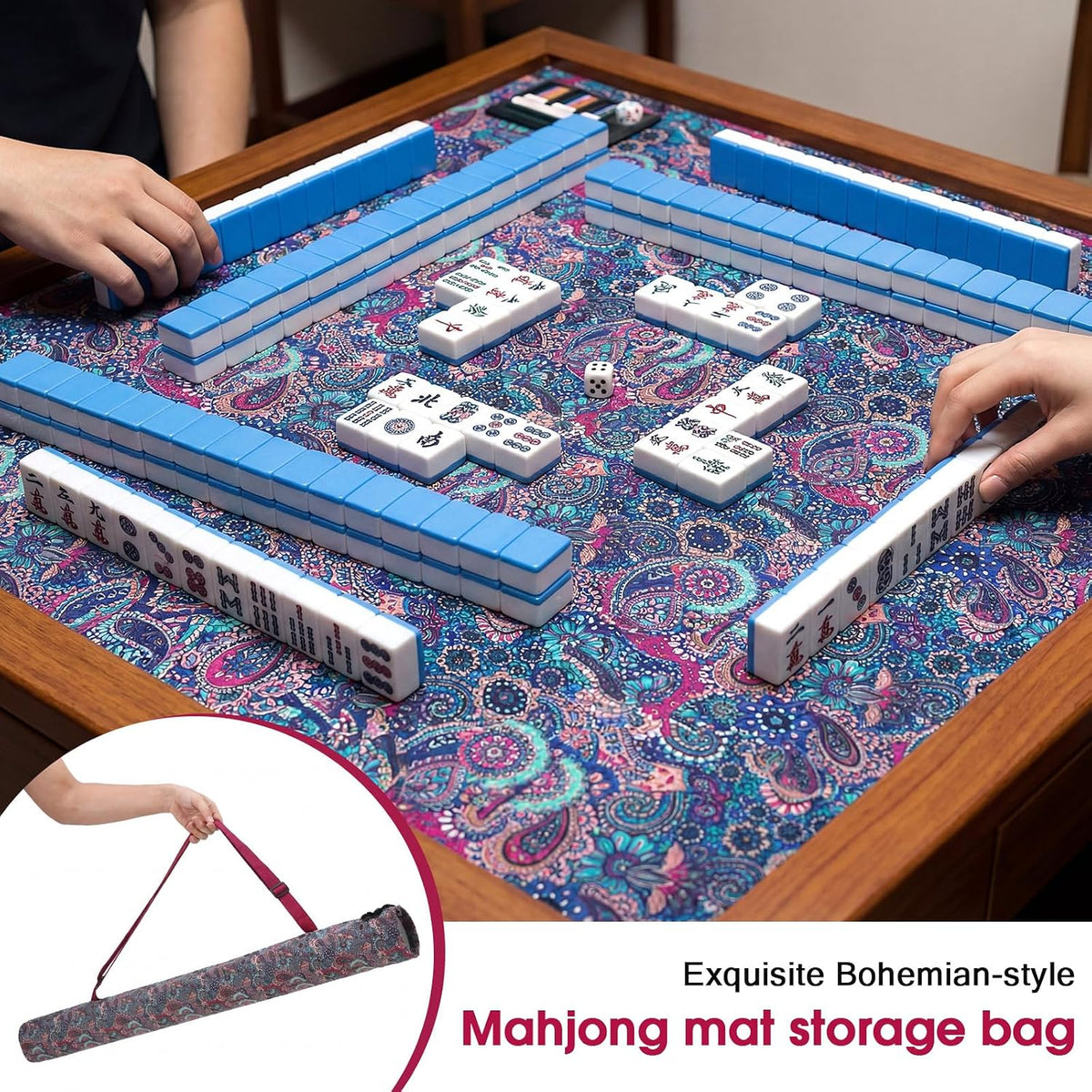 35 Inch Mahjong Mat Carrying Bag with Strap, Printed Drawstring Mahjong Holder Bag Outdoor Travel Canvas Storage for Board Games, Yoga Mats, Tripod