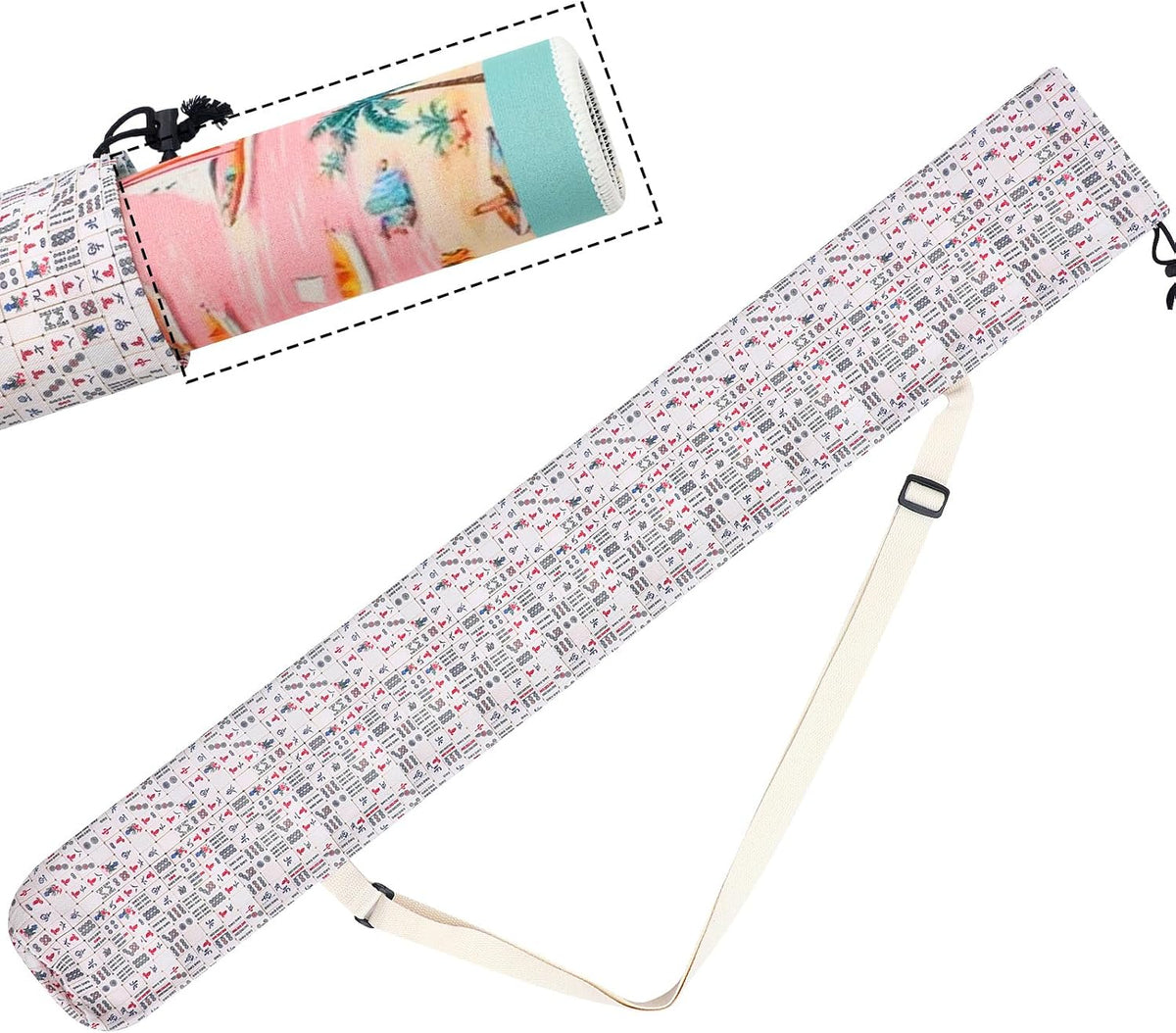 35 Inch Mahjong Mat Carrying Bag with Strap, Printed Drawstring Mahjong Holder Bag Outdoor Travel Canvas Storage for Board Games, Yoga Mats, Tripod
