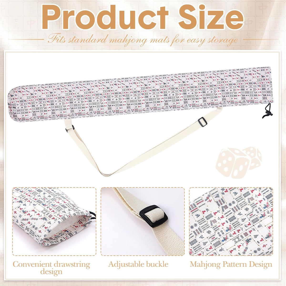 35 Inch Mahjong Mat Carrying Bag with Strap, Printed Drawstring Mahjong Holder Bag Outdoor Travel Canvas Storage for Board Games, Yoga Mats, Tripod