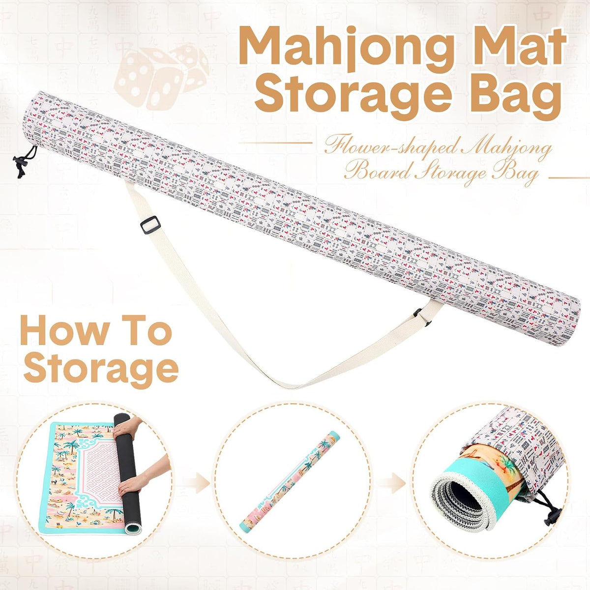 35 Inch Mahjong Mat Carrying Bag with Strap, Printed Drawstring Mahjong Holder Bag Outdoor Travel Canvas Storage for Board Games, Yoga Mats, Tripod