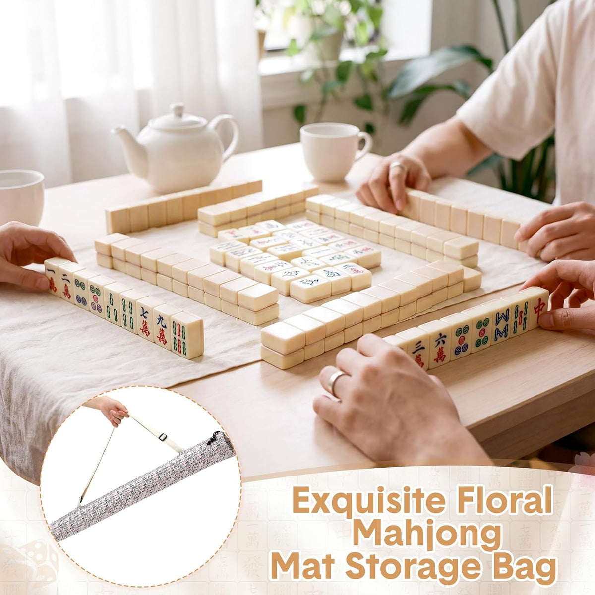 35 Inch Mahjong Mat Carrying Bag with Strap, Printed Drawstring Mahjong Holder Bag Outdoor Travel Canvas Storage for Board Games, Yoga Mats, Tripod