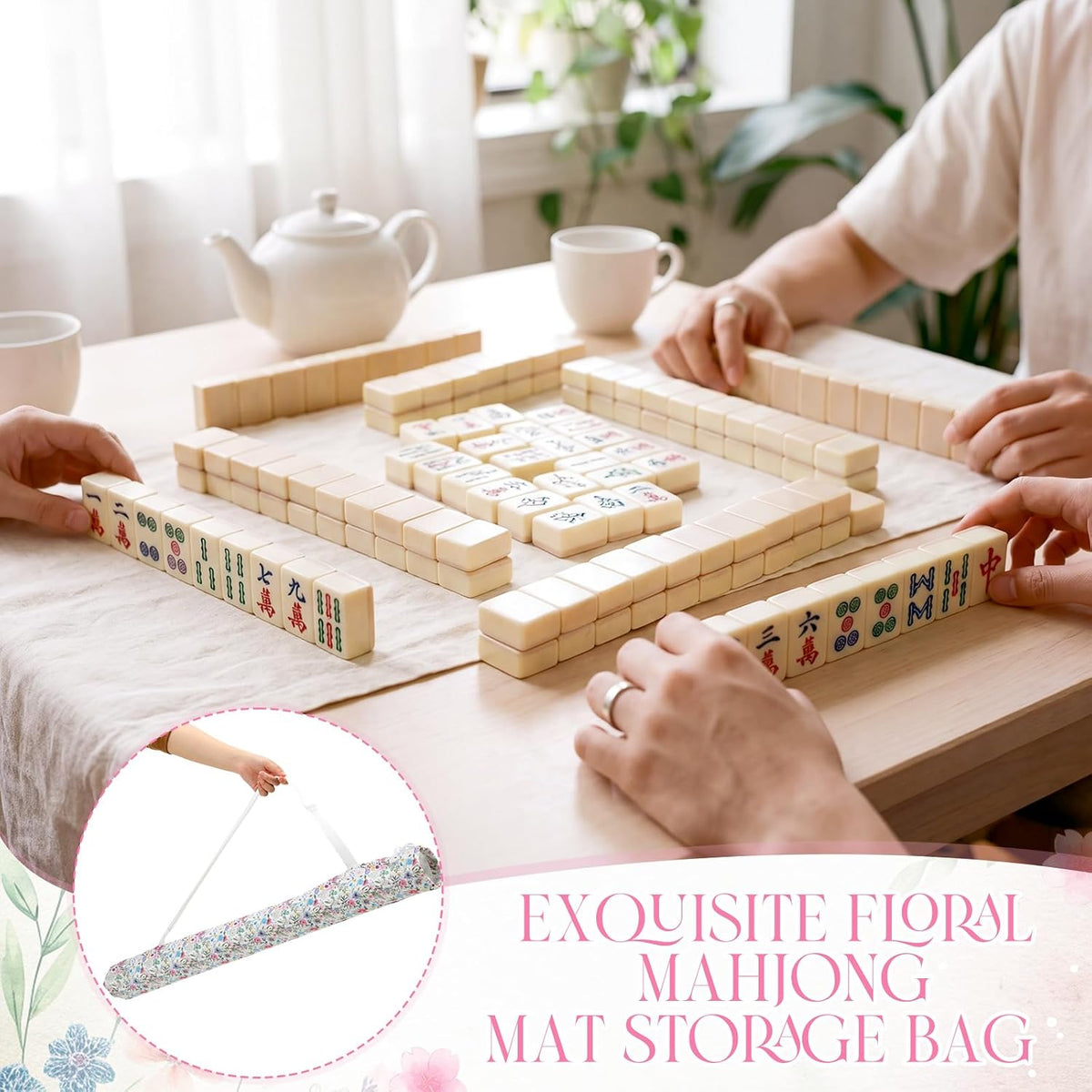 35 Inch Mahjong Mat Carrying Bag with Strap, Printed Drawstring Mahjong Holder Bag Outdoor Travel Canvas Storage for Board Games, Yoga Mats, Tripod