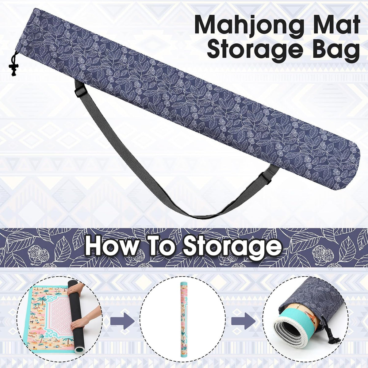 35 Inch Mahjong Mat Carrying Bag with Strap, Printed Drawstring Mahjong Holder Bag Outdoor Travel Canvas Storage for Board Games, Yoga Mats, Tripod