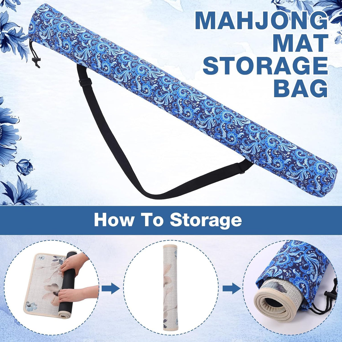 35 Inch Mahjong Mat Carrying Bag with Strap, Printed Drawstring Mahjong Holder Bag Outdoor Travel Canvas Storage for Board Games, Yoga Mats, Tripod