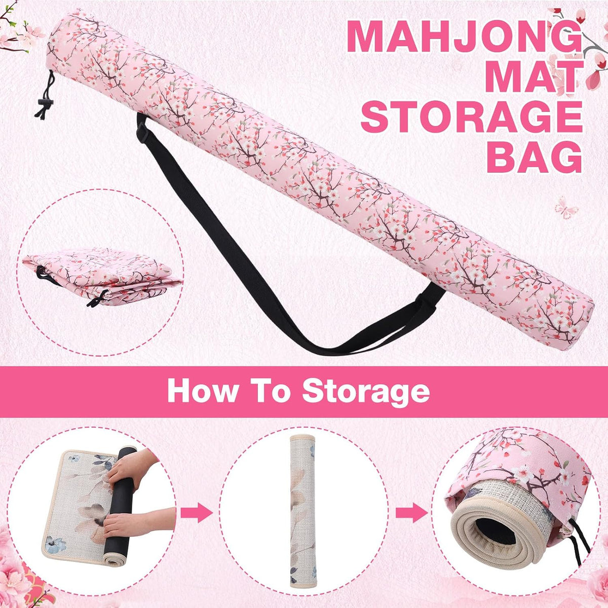 35 Inch Mahjong Mat Carrying Bag with Strap, Printed Drawstring Mahjong Holder Bag Outdoor Travel Canvas Storage for Board Games, Yoga Mats, Tripod