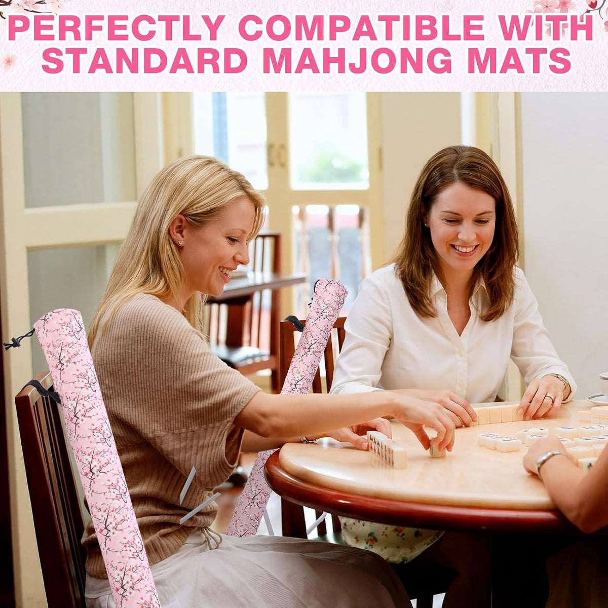35 Inch Mahjong Mat Carrying Bag with Strap, Printed Drawstring Mahjong Holder Bag Outdoor Travel Canvas Storage for Board Games, Yoga Mats, Tripod