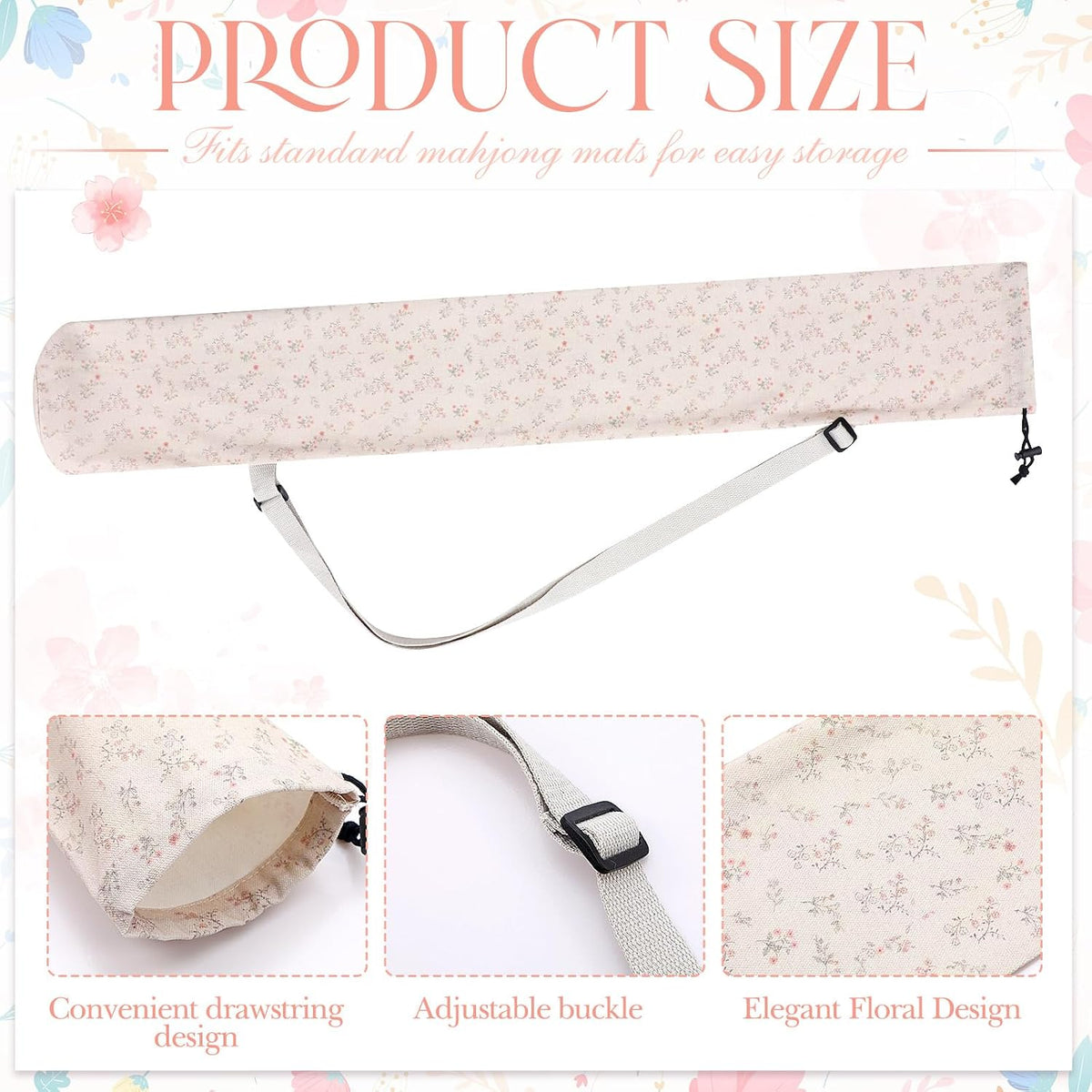 35 Inch Mahjong Mat Carrying Bag with Strap, Printed Drawstring Mahjong Holder Bag Outdoor Travel Canvas Storage for Board Games, Yoga Mats, Tripod