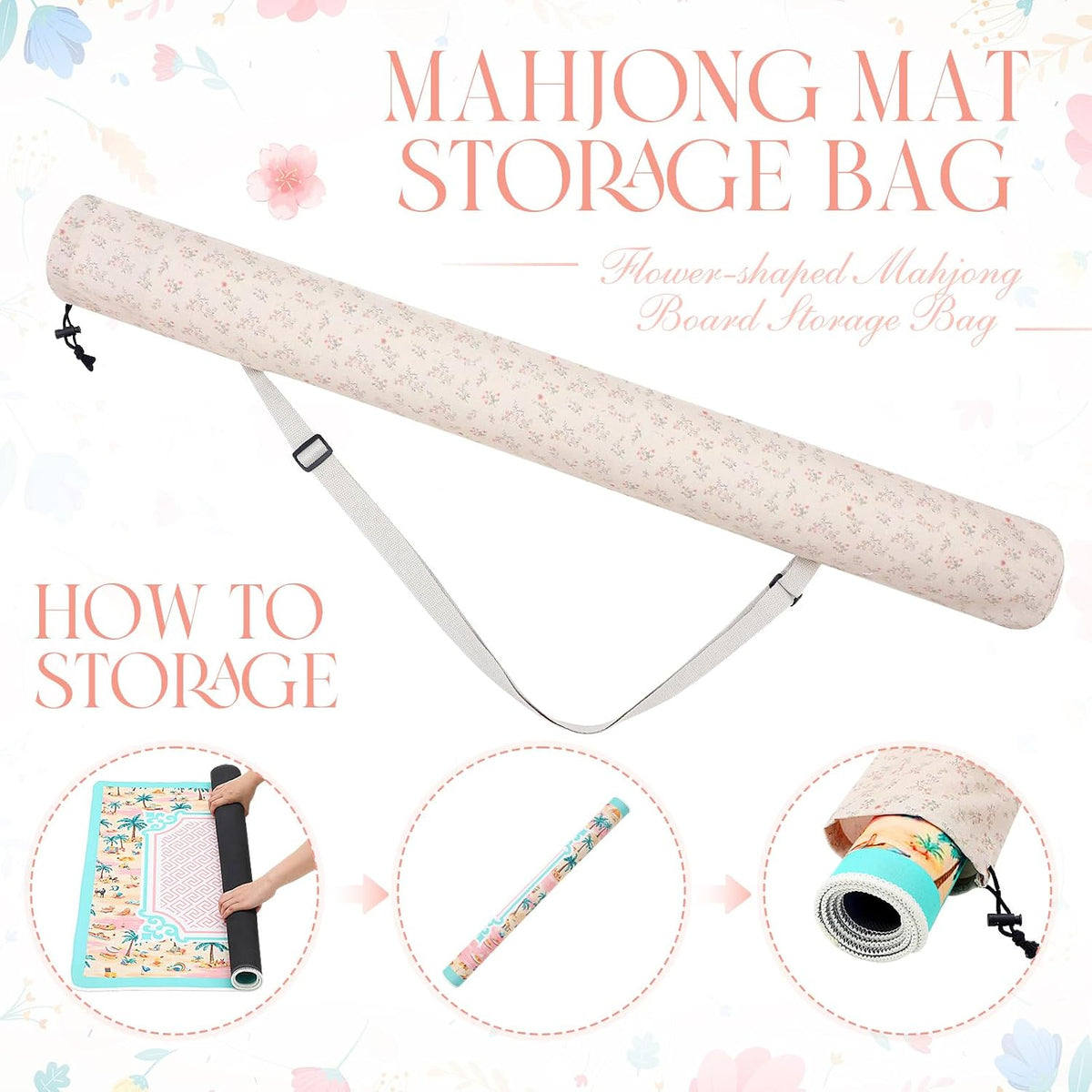 35 Inch Mahjong Mat Carrying Bag with Strap, Printed Drawstring Mahjong Holder Bag Outdoor Travel Canvas Storage for Board Games, Yoga Mats, Tripod