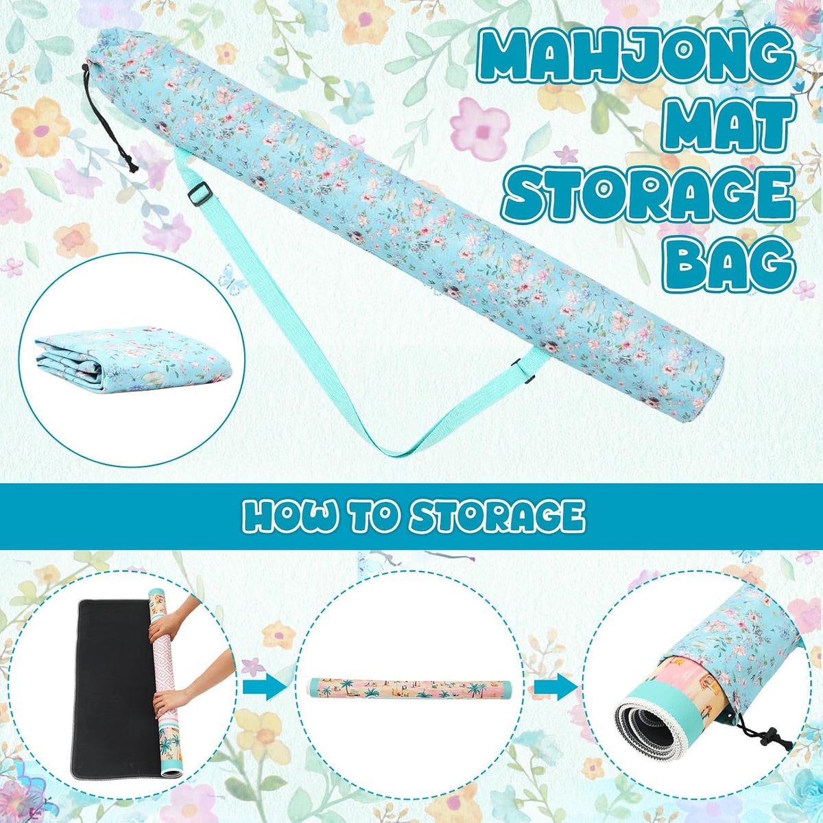 35 Inch Mahjong Mat Carrying Bag with Strap, Printed Drawstring Mahjong Holder Bag Outdoor Travel Canvas Storage for Board Games, Yoga Mats, Tripod