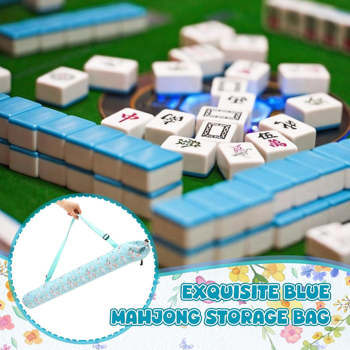 35 Inch Mahjong Mat Carrying Bag with Strap, Printed Drawstring Mahjong Holder Bag Outdoor Travel Canvas Storage for Board Games, Yoga Mats, Tripod