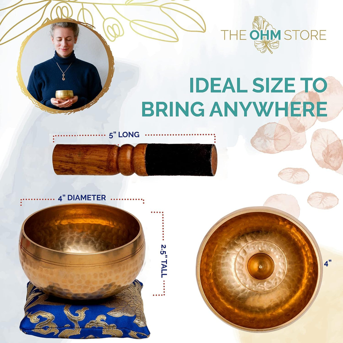Tibetan Singing Bowl Set by Ohm Store — Hand Hammered Lingam Meditation Sound Bowl — Yoga, Chakra Balancing, Mindfulness, Stress and Anxiety Relief