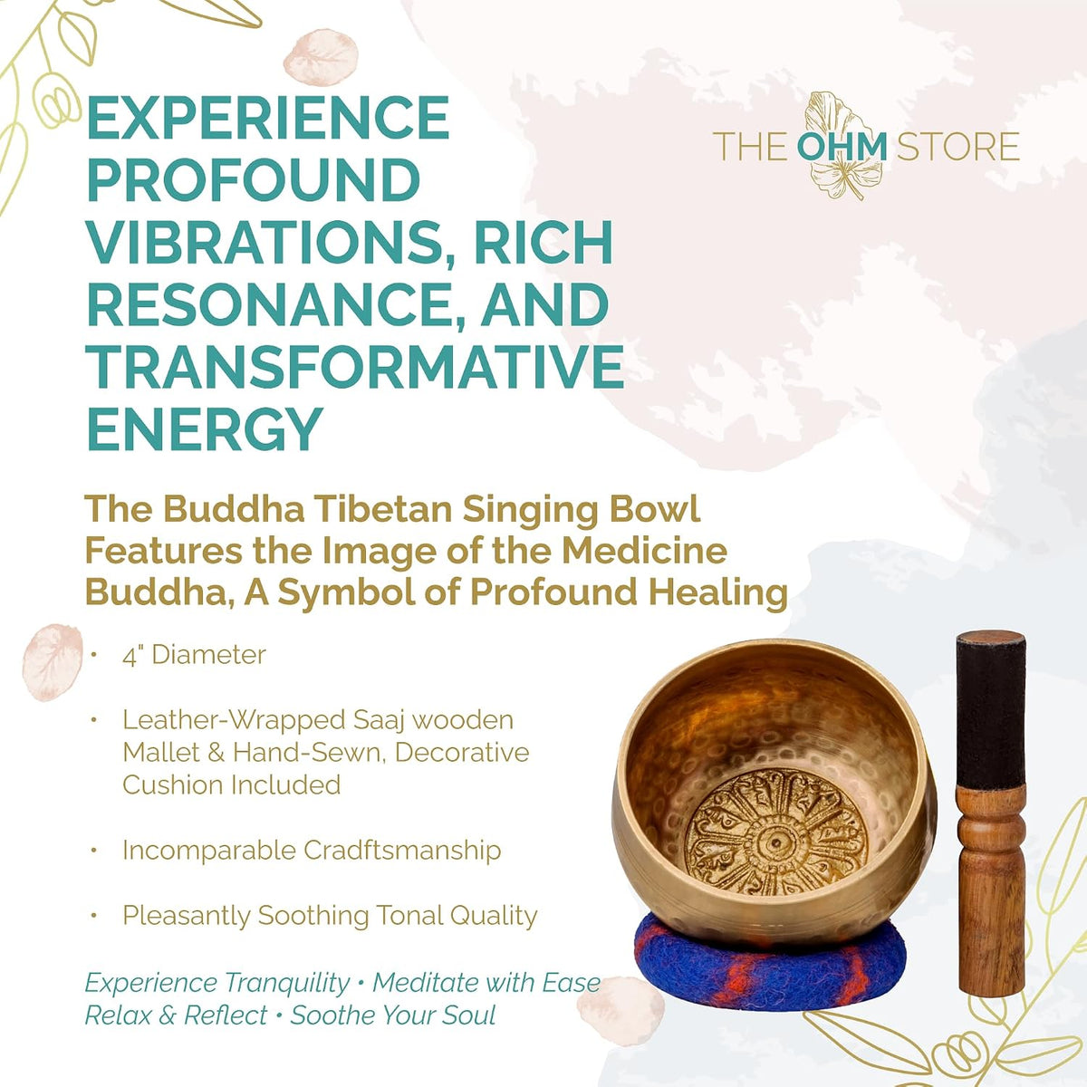 Tibetan Singing Bowl Set by Ohm Store — Hand Hammered Lingam Meditation Sound Bowl — Yoga, Chakra Balancing, Mindfulness, Stress and Anxiety Relief