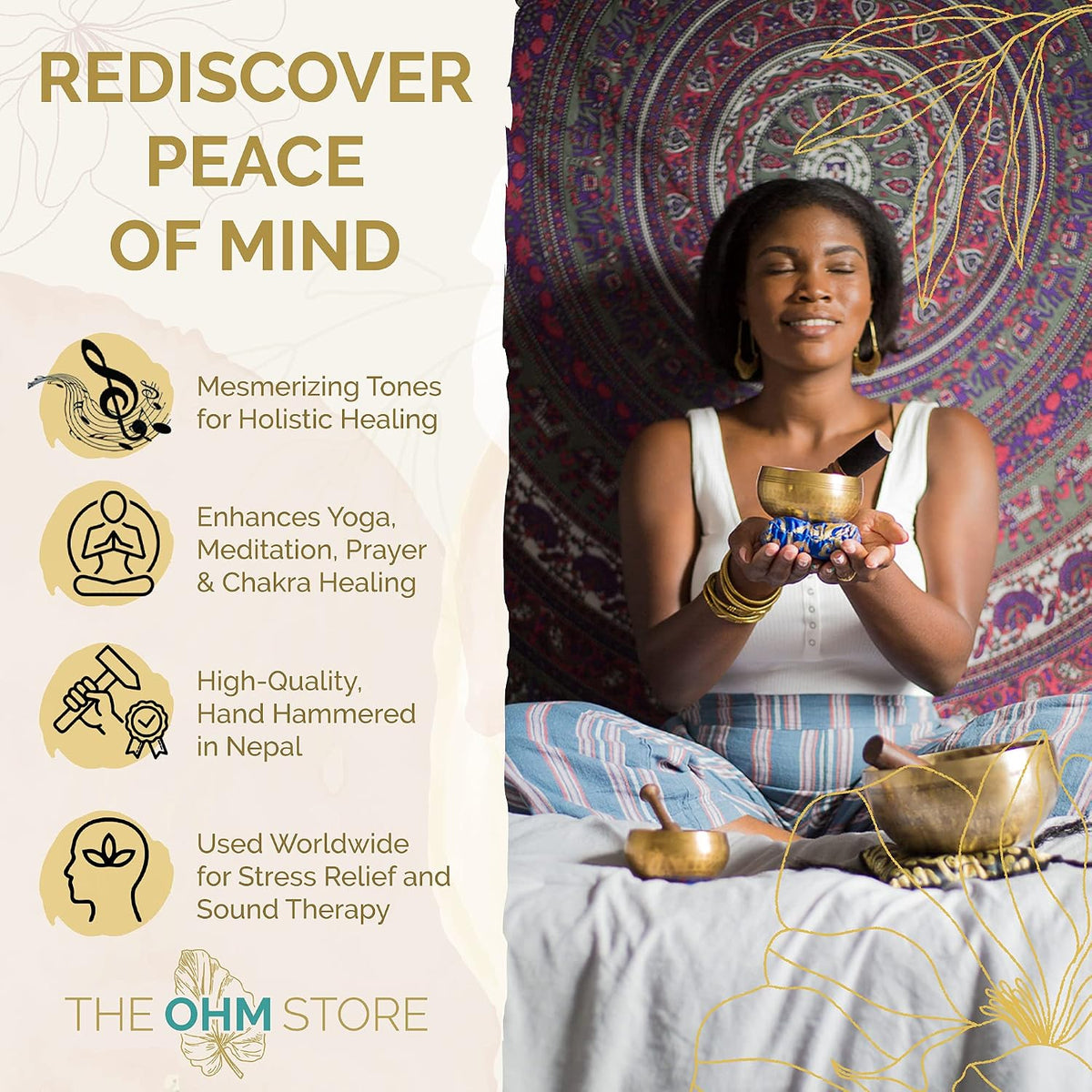 Tibetan Singing Bowl Set by Ohm Store — Hand Hammered Lingam Meditation Sound Bowl — Yoga, Chakra Balancing, Mindfulness, Stress and Anxiety Relief