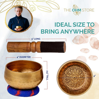 Tibetan Singing Bowl Set by Ohm Store — Hand Hammered Lingam Meditation Sound Bowl — Yoga, Chakra Balancing, Mindfulness, Stress and Anxiety Relief