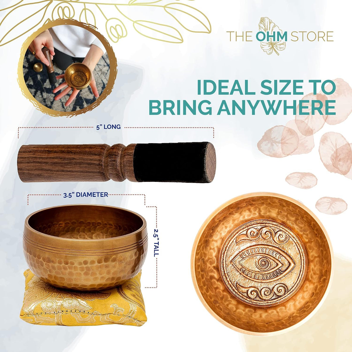 Tibetan Singing Bowl Set by Ohm Store — Hand Hammered Lingam Meditation Sound Bowl — Yoga, Chakra Balancing, Mindfulness, Stress and Anxiety Relief
