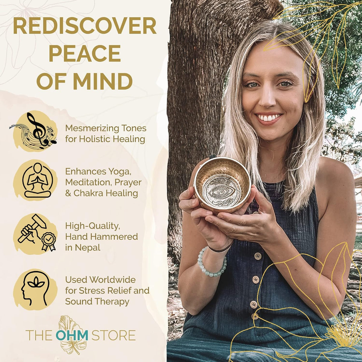 Tibetan Singing Bowl Set by Ohm Store — Hand Hammered Lingam Meditation Sound Bowl — Yoga, Chakra Balancing, Mindfulness, Stress and Anxiety Relief