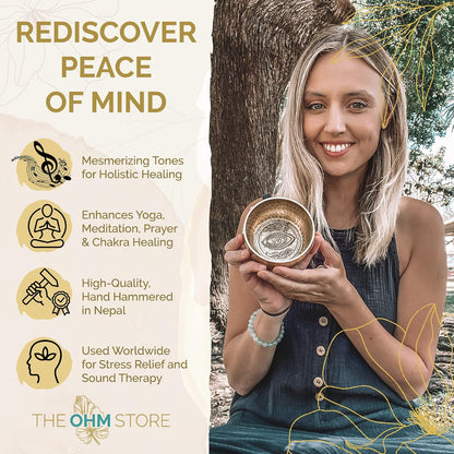 Tibetan Singing Bowl Set by Ohm Store — Hand Hammered Lingam Meditation Sound Bowl — Yoga, Chakra Balancing, Mindfulness, Stress and Anxiety Relief