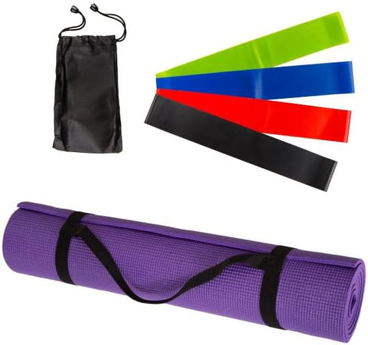 Yoga Mat Set - 4-Pack of Resistance Bands for Working Out with 1/4-Inch Workout Mat - Home Gym Starter Kit - Exercise Equipment (Purple)