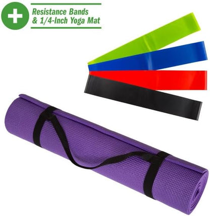 Yoga Mat Set - 4-Pack of Resistance Bands for Working Out with 1/4-Inch Workout Mat - Home Gym Starter Kit - Exercise Equipment (Purple)