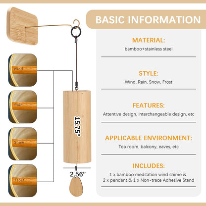 Natural Bamboo Hand-Cranked Wind Chime, Melodious Chord Bell for Meditation, Yoga and Home Decor, Rain Style