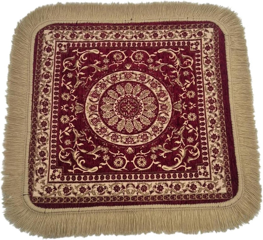 Soft Chenille Prayer Mat | Traditional Mandala Floral Pooja Aasan with Golden Fringes | Multipurpose Square Rug for Meditation, Yoga, Puja Room & Home (Red, 2x2 Feet)