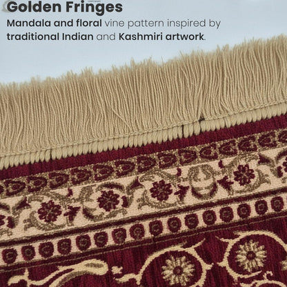 Soft Chenille Prayer Mat | Traditional Mandala Floral Pooja Aasan with Golden Fringes | Multipurpose Square Rug for Meditation, Yoga, Puja Room & Home (Red, 2x2 Feet)