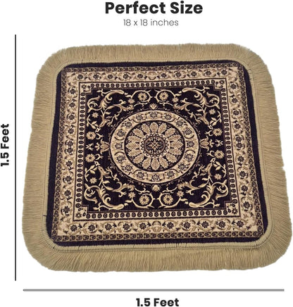 Soft Chenille Prayer Mat | Traditional Mandala Floral Pooja Aasan with Golden Fringes | Multipurpose Square Rug for Meditation, Yoga, Puja Room & Home (Red, 2x2 Feet)