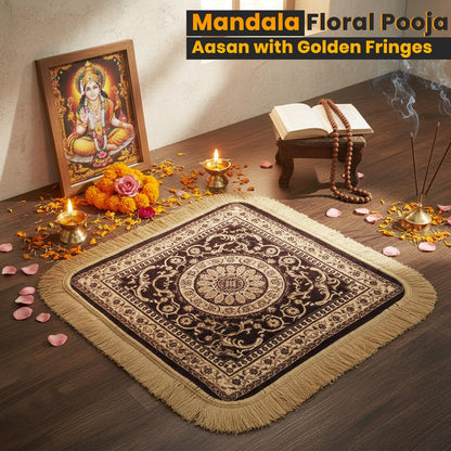 Soft Chenille Prayer Mat | Traditional Mandala Floral Pooja Aasan with Golden Fringes | Multipurpose Square Rug for Meditation, Yoga, Puja Room & Home (Red, 2x2 Feet)