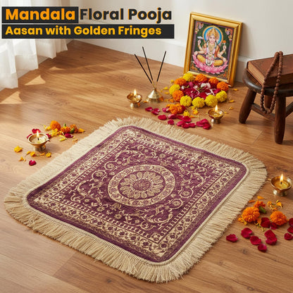 Soft Chenille Prayer Mat | Traditional Mandala Floral Pooja Aasan with Golden Fringes | Multipurpose Square Rug for Meditation, Yoga, Puja Room & Home (Red, 2x2 Feet)