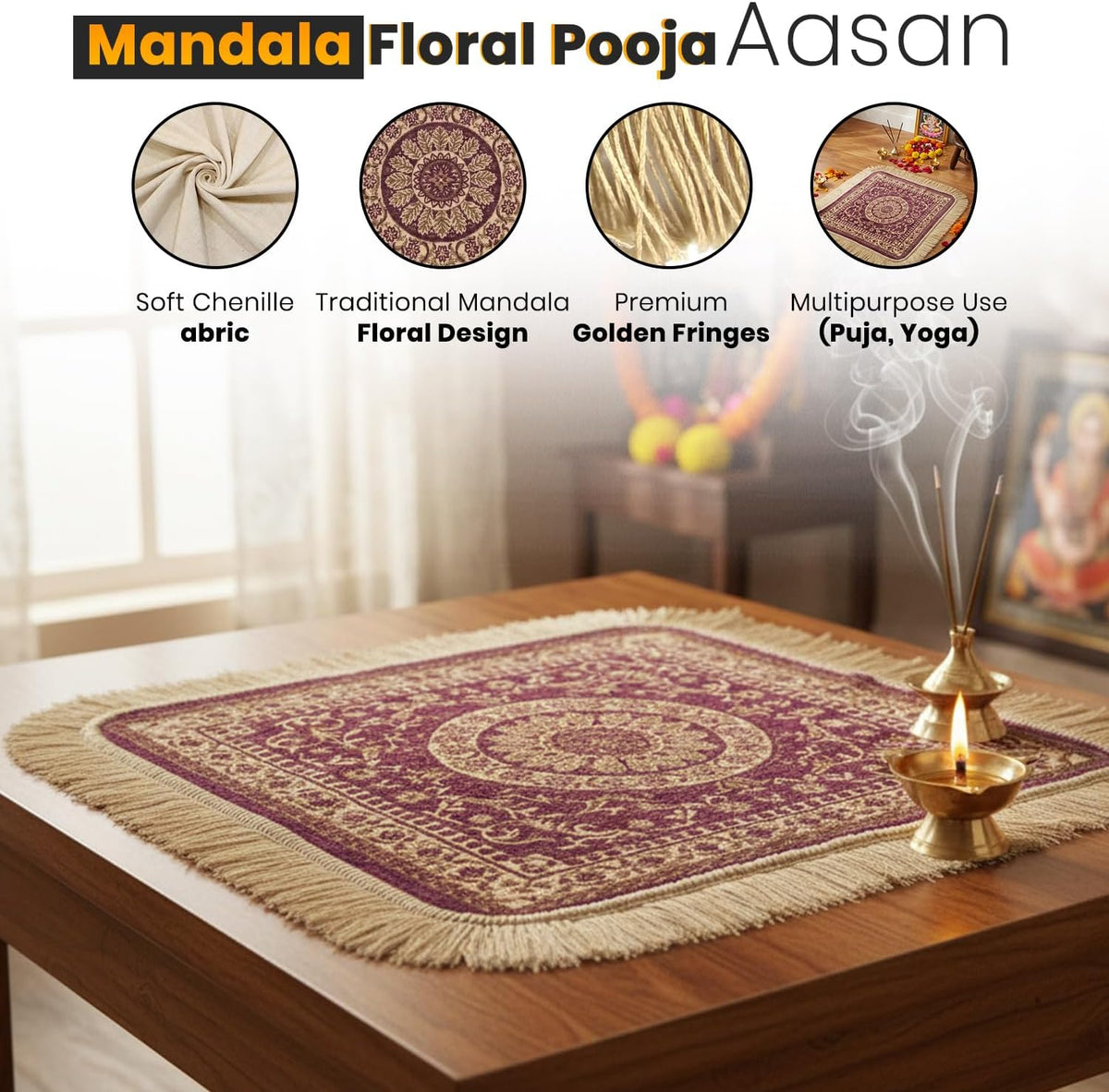 Soft Chenille Prayer Mat | Traditional Mandala Floral Pooja Aasan with Golden Fringes | Multipurpose Square Rug for Meditation, Yoga, Puja Room & Home (Red, 2x2 Feet)