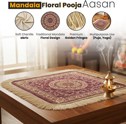 Soft Chenille Prayer Mat | Traditional Mandala Floral Pooja Aasan with Golden Fringes | Multipurpose Square Rug for Meditation, Yoga, Puja Room & Home (Red, 2x2 Feet)