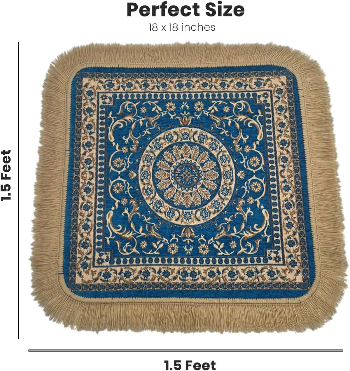 Soft Chenille Prayer Mat | Traditional Mandala Floral Pooja Aasan with Golden Fringes | Multipurpose Square Rug for Meditation, Yoga, Puja Room & Home (Red, 2x2 Feet)