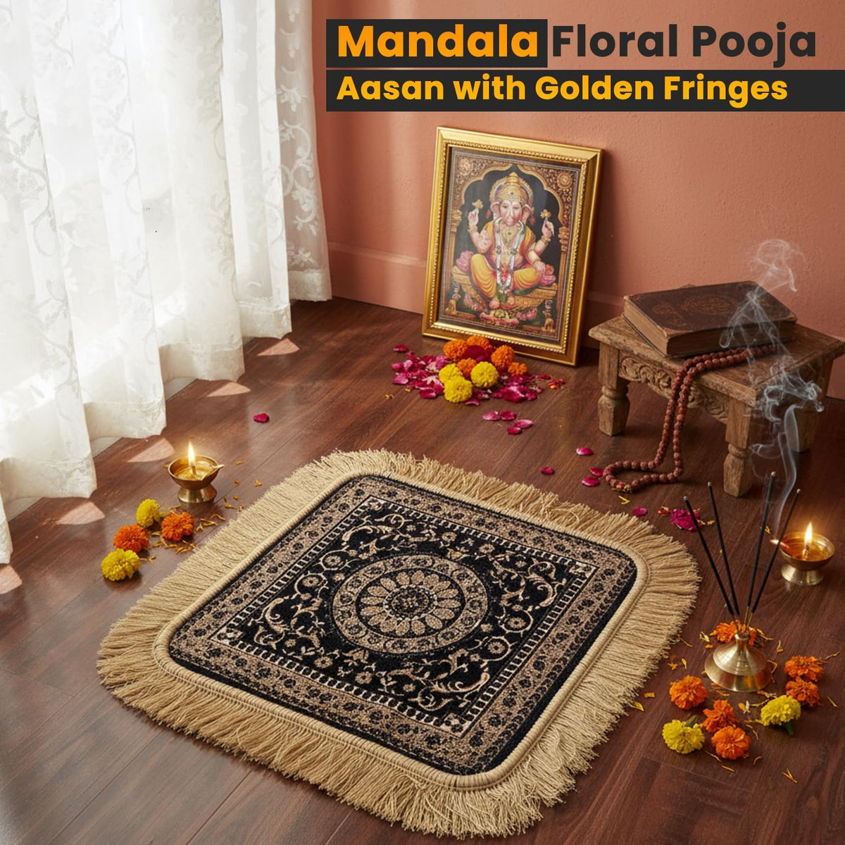 Soft Chenille Prayer Mat | Traditional Mandala Floral Pooja Aasan with Golden Fringes | Multipurpose Square Rug for Meditation, Yoga, Puja Room & Home (Red, 2x2 Feet)