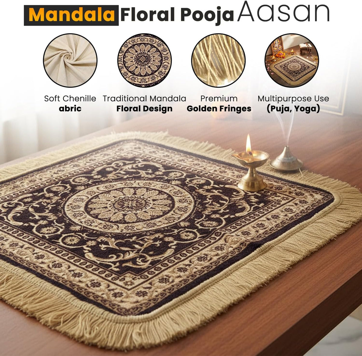 Soft Chenille Prayer Mat | Traditional Mandala Floral Pooja Aasan with Golden Fringes | Multipurpose Square Rug for Meditation, Yoga, Puja Room & Home (Red, 2x2 Feet)