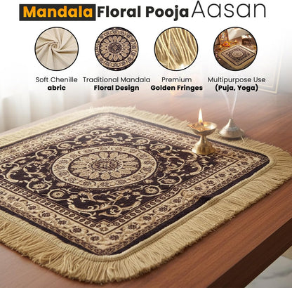 Soft Chenille Prayer Mat | Traditional Mandala Floral Pooja Aasan with Golden Fringes | Multipurpose Square Rug for Meditation, Yoga, Puja Room & Home (Red, 2x2 Feet)