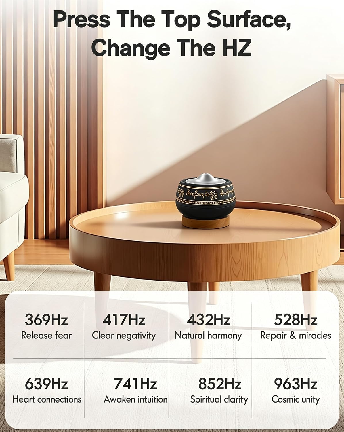 Portable Electronic Tibetan Singing Bowl, 8 Healing Frequencies (369-963Hz), Auto & Manual Modes, Vibration Therapy with Timer, USB-C Rechargeable Meditation Device for Relaxation