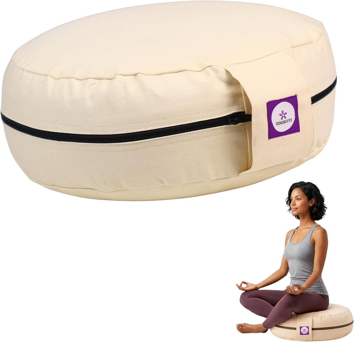 100% Cotton Meditation Cushion (Round) with Handle | Firm & Comfortable Yoga Cushion | Removable Washable Cover | Floor Seating Support for Meditation, Yoga & Pranayama
