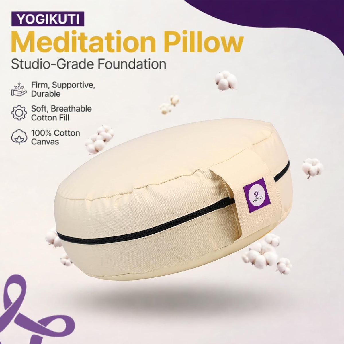 100% Cotton Meditation Cushion (Round) with Handle | Firm & Comfortable Yoga Cushion | Removable Washable Cover | Floor Seating Support for Meditation, Yoga & Pranayama