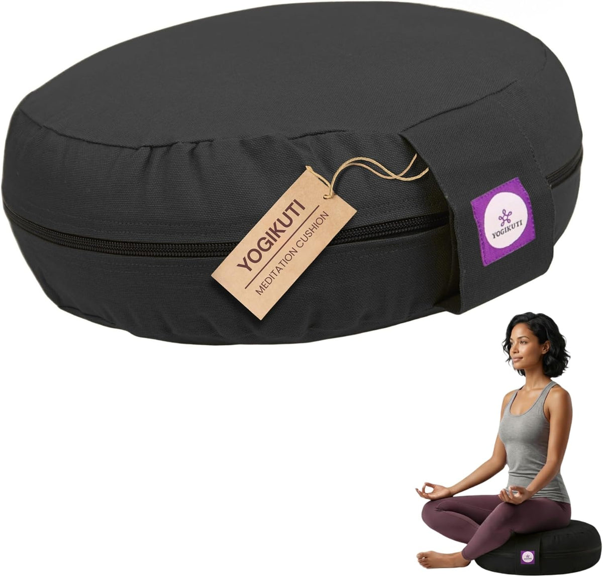 100% Cotton Meditation Cushion (Round) with Handle | Firm & Comfortable Yoga Cushion | Removable Washable Cover | Floor Seating Support for Meditation, Yoga & Pranayama