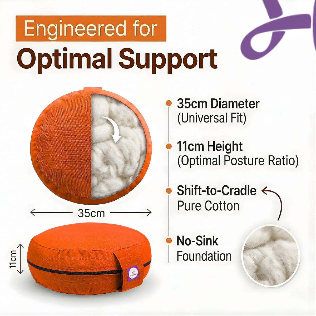 100% Cotton Meditation Cushion (Round) with Handle | Firm & Comfortable Yoga Cushion | Removable Washable Cover | Floor Seating Support for Meditation, Yoga & Pranayama