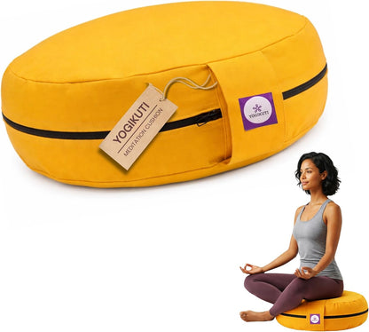 100% Cotton Meditation Cushion (Round) with Handle | Firm & Comfortable Yoga Cushion | Removable Washable Cover | Floor Seating Support for Meditation, Yoga & Pranayama