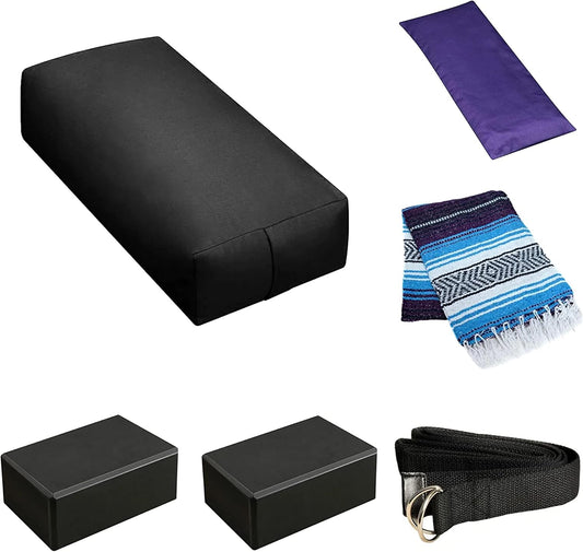6 Piece Restorative Yoga Kit | Includes 1 Yoga Bolster (24"x12"x6"), 2 Blocks (4"x6"x 9"), 1 6ft D-Ring Strap, 1 Mexican Blanket, 1 Unscented Eye Pillow