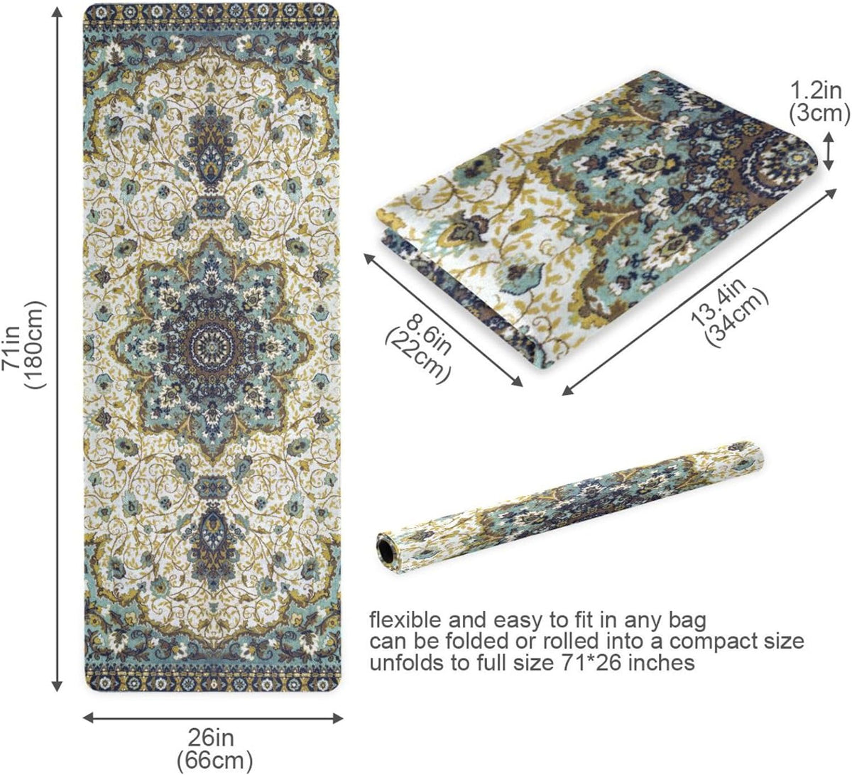Persian Carpet Texture Yoga Mat for Women Men, Non Slip Exercise Mat Portable Travel Workout Mat with Storage Bag for Home Yoga, Pilates, Fitness 71x 26 Inch