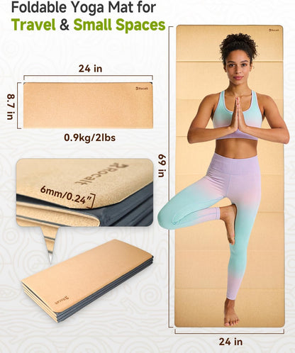 Foldable Cork Yoga Mat, Non Slip Travel Pilates Workout Mat