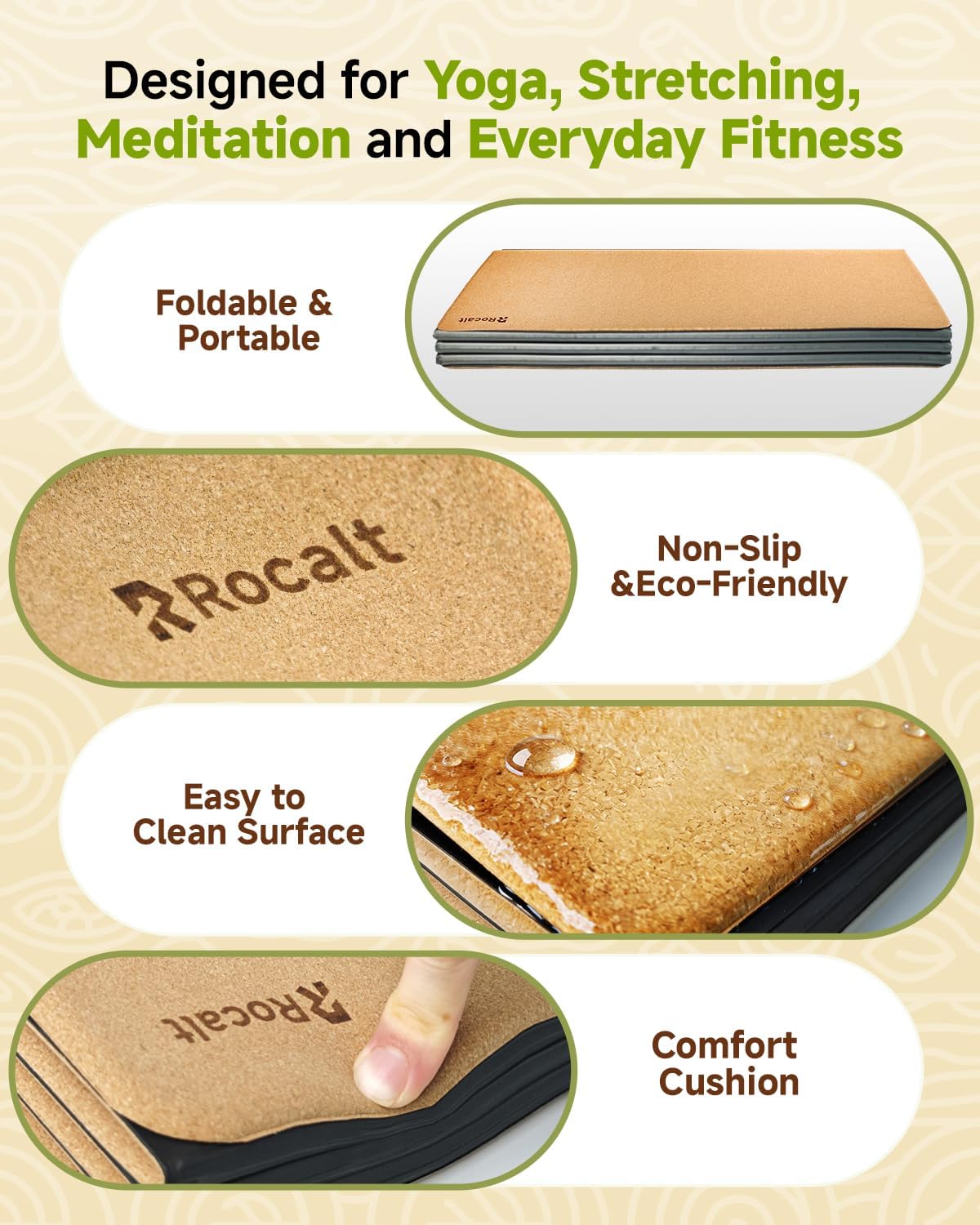 Foldable Cork Yoga Mat, Non Slip Travel Pilates Workout Mat