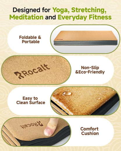 Foldable Cork Yoga Mat, Non Slip Travel Pilates Workout Mat