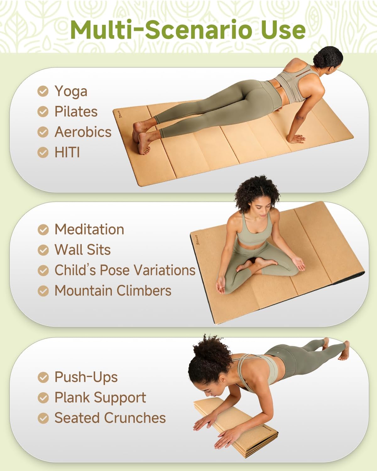 Foldable Cork Yoga Mat, Non Slip Travel Pilates Workout Mat