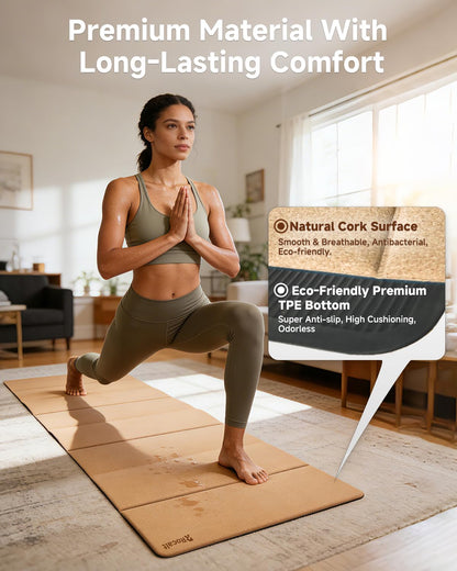 Foldable Cork Yoga Mat, Non Slip Travel Pilates Workout Mat